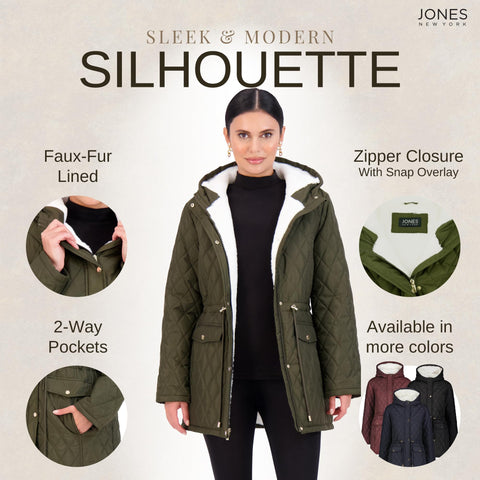Jones NY Diamond-Quilted Jacket Anorak with Fur Lining - Winter Coats for Women, Olive - M Jones New York