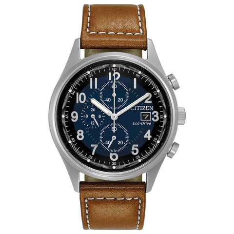 Citizen Men's Eco-Drive Weekender Garrison Chronograph Field Watch in Stainless Steel with Brown Leather strap, Blue Dial (Model: CA0621-05L) Citizen
