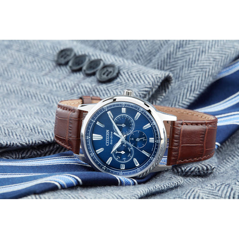 Citizen Men's Eco-Drive Corso Classic Watch in Stainless Steel with Brown Leather strap, Blue Dial (Model: BU2070-12L) Citizen
