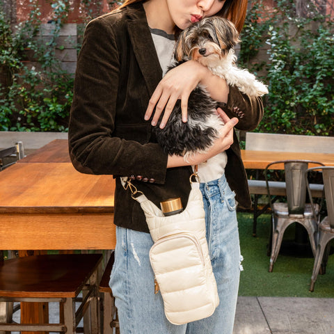 WanderFull Original Crossbody HydroBag | Quilted Water Bottle Carrier | Puffer Tote Tumbler Holder with Pockets for Purse, Phone & Accessories | Carry Travel Essentials (Ivory Gloss) WanderFull