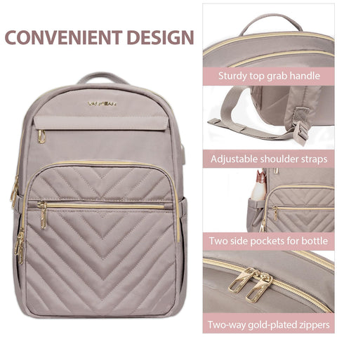 VANKEAN 15.6 Inch Laptop Backpack for Women Work Bag Fashion with USB Port, Waterproof Stylish Travel Bags Casual Daypacks for College, Business, Light Dusty Pink VANKEAN