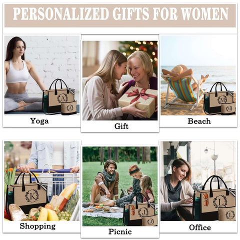 YOOLIFE Birthday Gifts for Women - Gifts for Women Her Initial S Jute Tote Bag w Makeup Bag Embroidery Monogram Mothers Day Birthday Gifts for Women Friends Teacher Mother Sisters Bride Wedding Gifts YOOLIFE