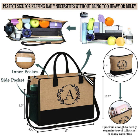 YOOLIFE Birthday Gifts for Women - Gifts for Women Her Initial S Jute Tote Bag w Makeup Bag Embroidery Monogram Mothers Day Birthday Gifts for Women Friends Teacher Mother Sisters Bride Wedding Gifts YOOLIFE