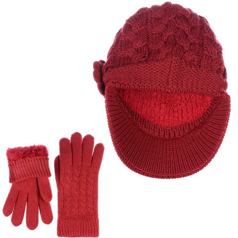 BYOS Womens Winter Warm Lined Flower Cable Knit Newsboy Cabbie Hat & Gloves Set Be Your Own Style