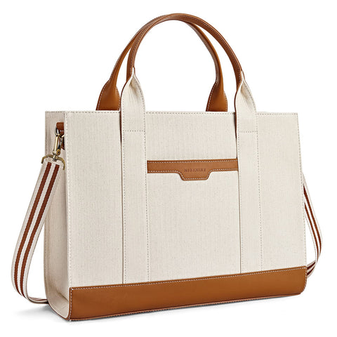 Missnine Tote Bag Canvas Laptop Bag 15.6 inch Briefcase for Women Large Capacity Handbag for Office, College, Travel (Brown+Beige) Missnine
