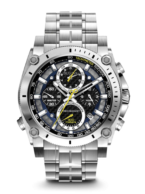 Bulova Men's Precisionist in Stainless Steel with 8-Hand Chronograph Watch, Blue and Yellow Accents, Black Dial Style: 96B175 Bulova