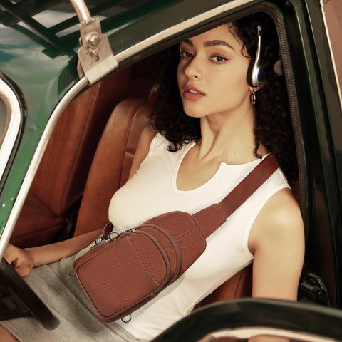 befen Soft Real Leather Small Crossbody Sling Bags for Women, Ladies Anti Theft Cross Body Bag for Travel with Wide Straps Cognac Brown