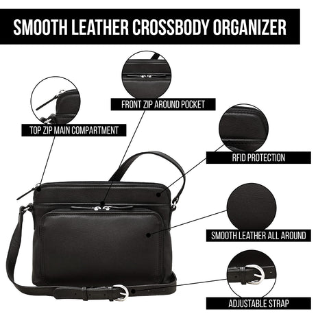 Genuine Soft Leather Cross Body Bag with Front Organizer Wallet,Black ili New York