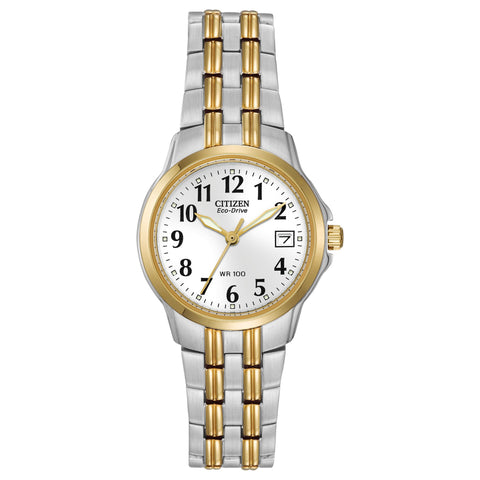 Citizen Women's Eco-Drive Dress Classic Two Tone Gold Stainless Steel Watch, Easy to Read, White Dial, 26mm (Model: EW1544-53A) Citizen