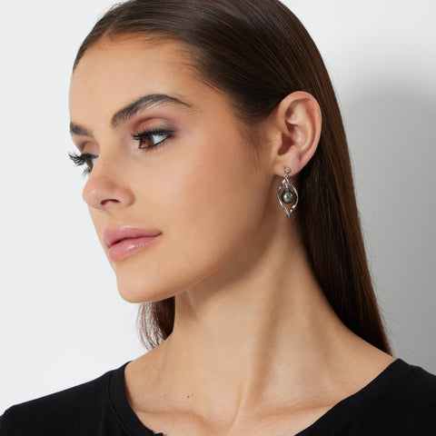 JTV Tahitian Pearl Drop Earrings for Women - Cultured Pearls in Rhodium Over Sterling Silver - Timeless Luxury Jewelry Gift-Boxed - Elegant Black Pearl Earrings for Anniversary, Birthday, & Holiday