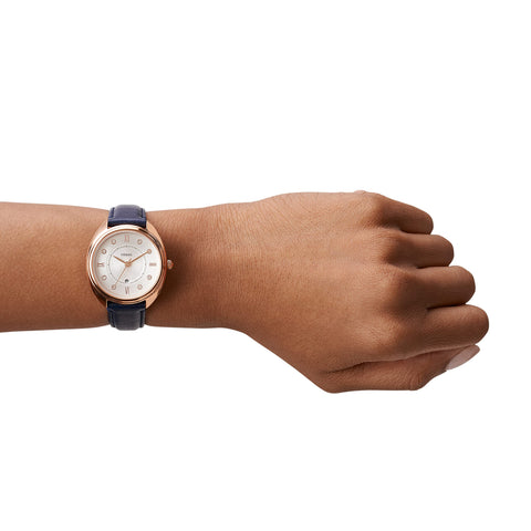 Fossil Women's Gabby Quartz Stainless Steel and Eco Leather Three-Hand Watch, Color: Rose Gold, Navy (Model: ES5116) Fossil