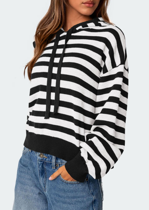 PRETTYGARDEN Womens Striped Sweaters 2025 Fall Pullover Hoodies Y2K Casual Long Sleeve Tops Winter Fashion Clothing (Striped Black White,Large)