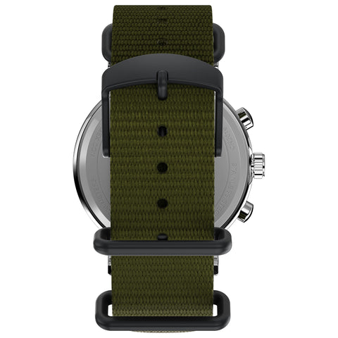 Timex Men's Weekender Chronograph 40mm Watch – Silver-Tone Case Cream Dial with Green Fabric Slip-Thru Strap Timex