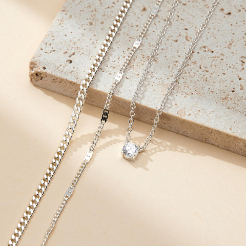 WomenGifts Layered Silver Necklaces for Women, Sterling Silver Cute Pendant Necklace Set with Dainty Cubic Zirconia, Stackable Cuban Chain Choker, Trendy Waterproof Non Tarnish Jewelry Gift