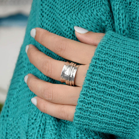 Boho-Magic 925 Sterling Silver Spinner Ring for Women 3 Fidget Rings Band Wide Hammered (9) Boho-Magic