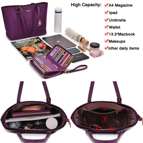 Purses And Wallets Set For Women Work Tote Handbags Shoulder Bag Top Handle Totes Purse With Wallet Purple Large Qiyuer