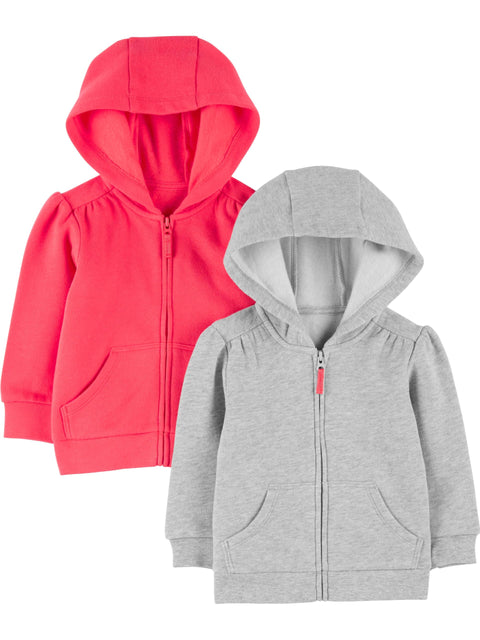 Simple Joys by Carter's Girls' Toddler 2-Pack Fleece Full Zip Hoodies, Pink/Gray, 3T