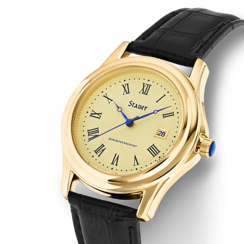 Stauer Metropolitan Watch for Men – Mens Watches w/Genuine Black Leather Band & Gold Finished Case – Water Resistant Watches – Stylish Gifts for Men Stauer