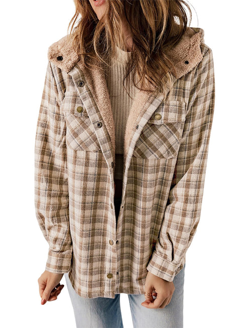 Dokotoo Shacket Jacket Women Fashion Winter Clothing for Women Plaid Oversized Hooded Long Sleeve Flannel Shirts Button Up Sherpa Coats Pocketed Casual Fall 2025 Thick Fleece Lined Outerwear Khaki S