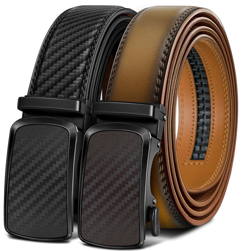 BULLIANT Men's Ratchet Belt 2 Pack-Click Leather Belt Adjustable for Men Gift 1 3/8-Cut for Perfect Fit(Black/Tawny,32"-38" Waist Adjustable)