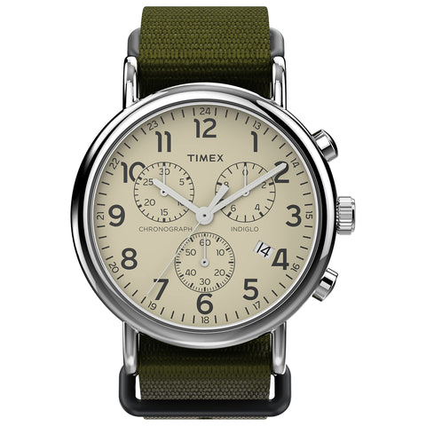Timex Men's Weekender Chronograph 40mm Watch – Silver-Tone Case Cream Dial with Green Fabric Slip-Thru Strap Timex