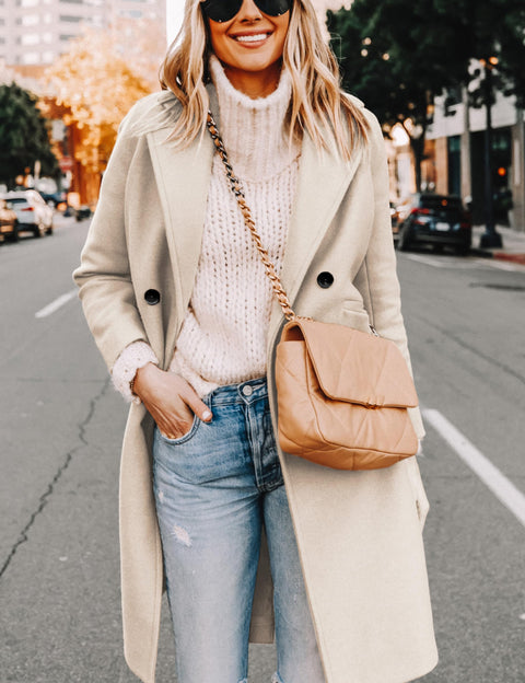 Hooever Women's Winter Wool Coat Casual Notch Lapel Single-Breasted Peacoat(beige-M01)