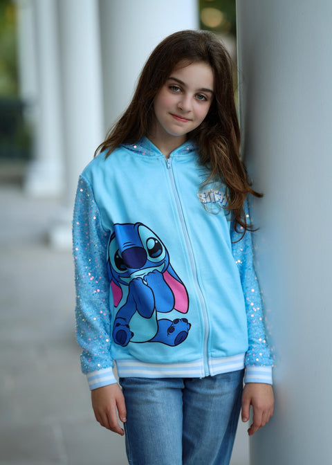 Disney Stitch Toddler Girl Jacket Light Blue Sequin Character Print Zipper Hoodie Sweatshirt Coat Birthday Party School Christmas Clothes 4-5T