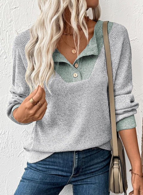 EVALESS Womens Fall Fashion 2025 Long Sleeve Shirts Patchwork Button Up V Neck Sweatshirt for Women Casual Trendy Pullover Teacher Outfits Tops Light Grey Medium