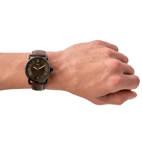 Fossil Men's Copeland Quartz Stainless Steel and Leather Three-Hand Watch, Color: Black, Dark Brown (Model: FS5666) Fossil