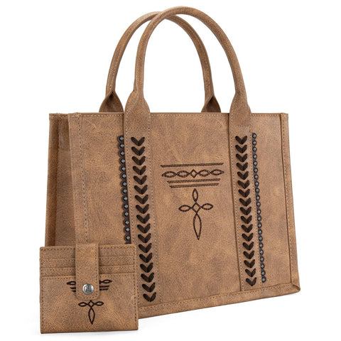 Montana West Longhorn Whipstitch Western Top Handle CC Pocket Tote Bag with Card Wallet Set Satchel Purse Vegan Leather Handbags Crossbody Bag for Women MW1124-H8120SWBR Montana West