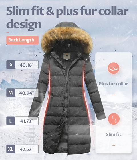 CREATMO US women's Maxi Long Quilted Jacket Water Repellent Winter Warm Coat With Detachable Hood Grey M