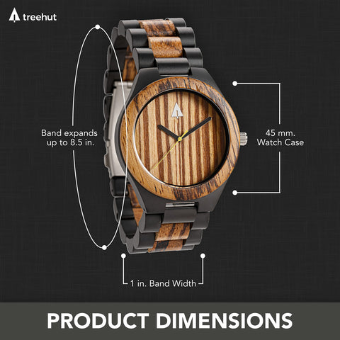 Treehut Men's Wooden Analog Watch with Adjustable Band, Japanese Quartz Movement - Ebony & Zebrawood treehut