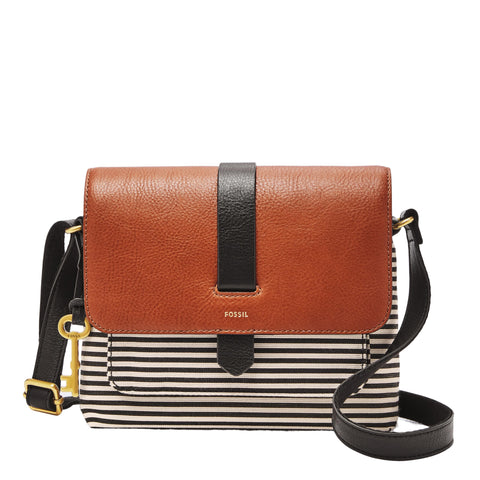 Fossil Women's Kinley Leather & Fabric Small Crossbody Purse Handbag, Black Stripe (Model: ZB7226080) Fossil