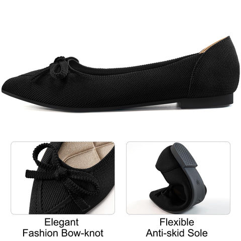 Ablanczoom Ballet Flats Shoes for Women: Dressy Pointed Toe Bow Knit Flats Comfortable Slip On Work Business Shoes for Driving Dating Wedding Black