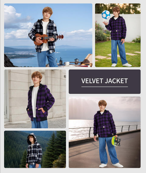 GEEK LIGHTING Boys Flannel Jacket Sherpa Lined Hoodies Zip Up Fleece Plaid Shirt Jackets Winter Outdoor Coat Warm