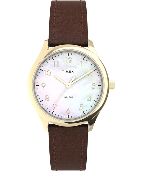Timex Women's Modern Easy Reader 32mm Watch - Brown Strap Mother of Pearl Dial Gold-Tone Case Timex