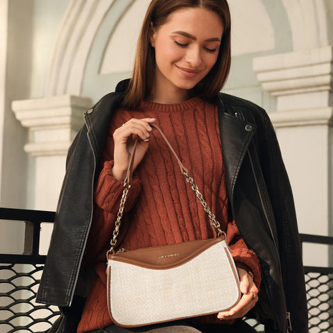 Missnine Shoulder Bag for Women Small Purse Trendy Clutch Hobo Bag Vegan Leather Mini Handbag with Zipper Closure, Brown & Beige