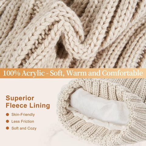 Womens Fleece Lined Winter Hat, Scarf and Glove Set - With Pom Pom Beanie, Long Scarf and Touchscreen Gloves (Oatmeal) FISFET