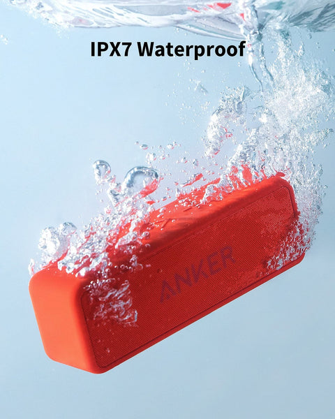 Anker SoundCore 2 Portable Bluetooth Speaker, Wireless, Enhanced Bass, 24-Hour Playtime, 66ft Range, IPX7 Water Resistant, Built-in Mic, Ideal for Travel, Compact and Easy to Use - Red Anker