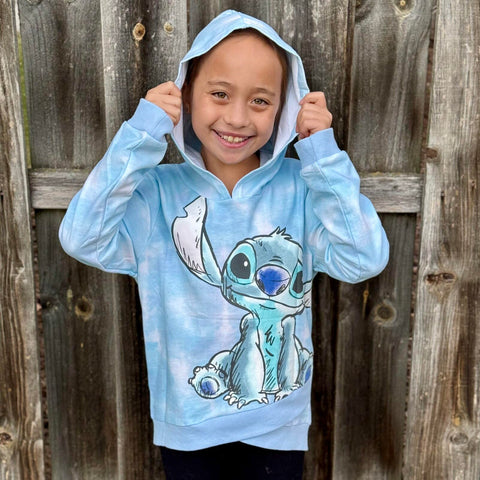 Disney Lilo & Stitch Big Girls French Terry Pullover Crossover Hoodie Tie Dye Blue 10-12