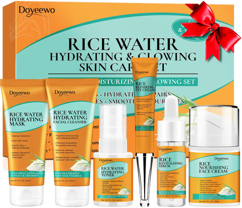 Skin Care Set,6Pcs Women Teen Glass Skincare w/Korean Rice Extract,Hydrate Glow Repair Anti-Aging Facial Routine Kit Gift for Women Mom Wife Teenage Girl Trendy Stuff Christmas Gifts Stocking Stuffers