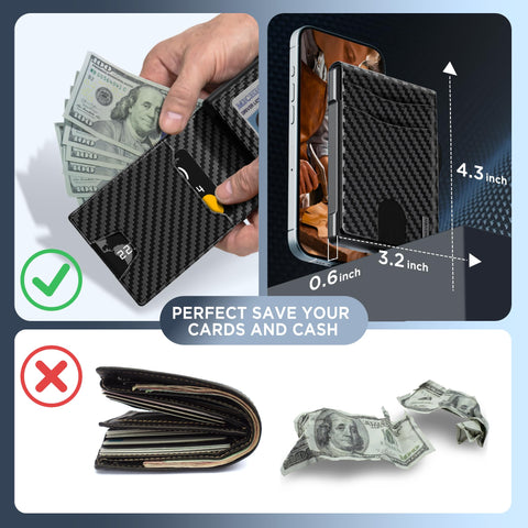 umoven Wallet for Men - Pop Up Case, Cash Slot, and Credit Card Slot - Slim Aluminum Wallet with RFID Blocking, Minimalist Leather Wallet Front Pocket with ID Window (Carbon Fiber) umoven