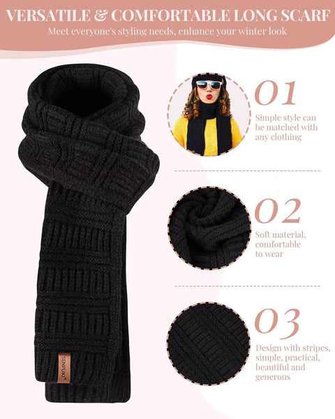 Womens Winter Beanie Hat Scarf Gloves Set, Cute Pom Pom Beanie with Warm Fleece Lined Long Knit Neck Scarf Touchscreen Gloves, 3 Piece Set for Cold Weather(Black) SENPUKI
