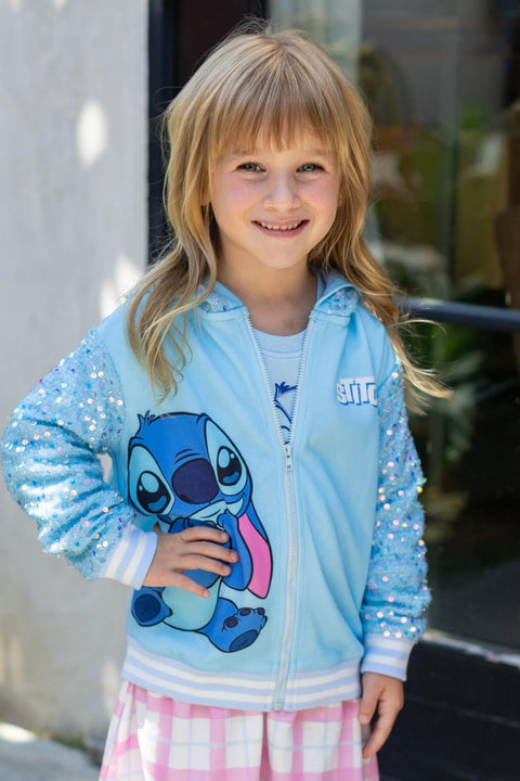 Disney Stitch Toddler Girl Jacket Light Blue Sequin Character Print Zipper Hoodie Sweatshirt Coat Birthday Party School Christmas Clothes 4-5T