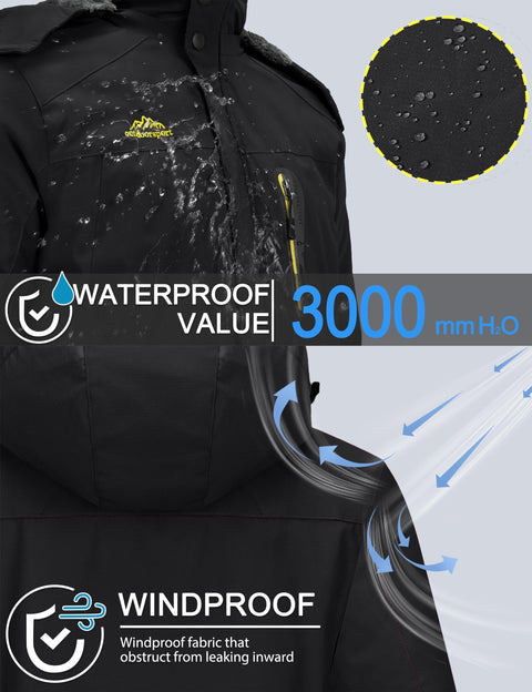 TACVASEN Men's Winter Ski Jacket Waterproof Snow Coats Snowboard Fleece Lining Jacket Warm Parka with Hooded Black XL