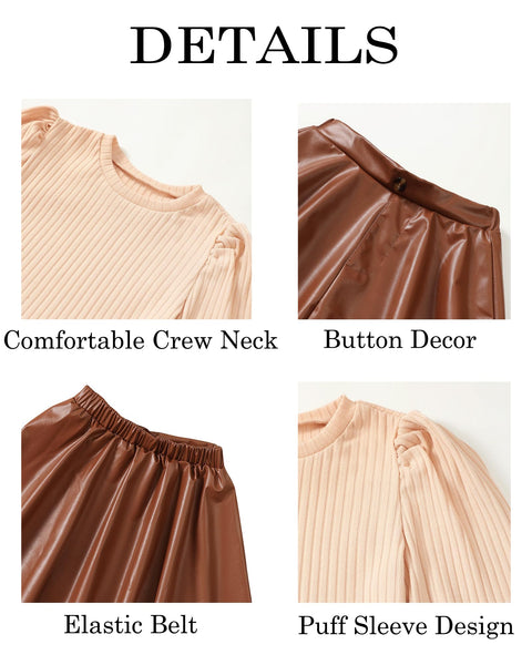 YOURUIKEY Girls 2 Piece Skirt Sets Fall Winter Long Sleeve Shirts and Leather Skirts for Cute Trendy Girl Clothes Size 7-8