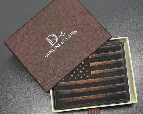 DK86 USA Flag Bifold Wallet for Men RFID Blocking Full Grain Leather With Hand Burnished Extra Capacity Multiple Card Slots with 2 ID Windows DK86