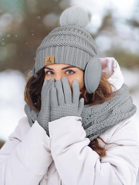 Winter Hat Scarf Gloves and Ear Warmer, Warm Knit Beanie Hat Touch Screen Gloves Set Winter Gifts Neck Scarves for Women Light Gray LOROME