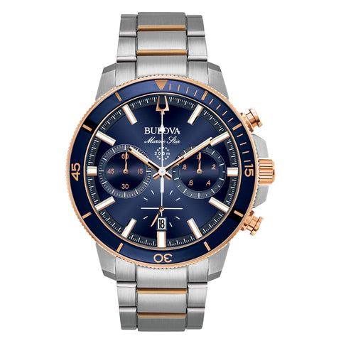 Bulova Men's Marine Star Series C Two-Tone Rose Gold Stainless Steel 6-Hand Chronograph Quartz Watch, Blue Dial Style: 98B301 Bulova