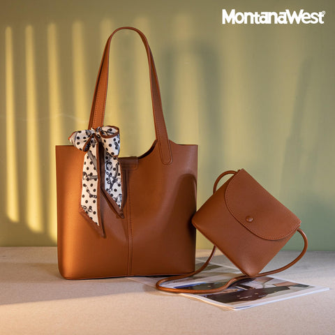 Montana West tote bag for women medium crossbody purse set 2pcs brown cute womens purses and handbags ladies fashion bolso para designer tote trendy shoulder bag for work Montana West